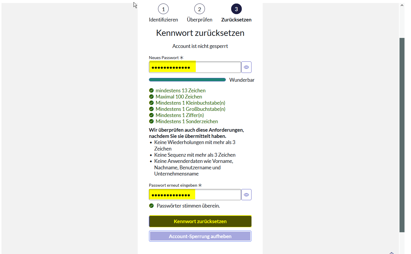 Screenshot zum Festlegen eines neuen Passworts, die Felder zur Eingabe, zur Bestätigung und der Kennwort zurücksetzen-Button sind gelb hervorgehoben.