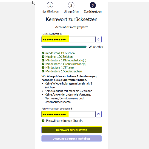 Screenshot zum Festlegen eines neuen Passworts, die Felder zur Eingabe, zur Bestätigung und der Kennwort zurücksetzen-Button sind gelb hervorgehoben.
