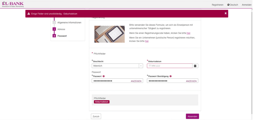 Screenshot des Registrierungsformulars, es ist eine Fehlermeldung zu sehen, da kein Geburtsdatum eingetragen wurde