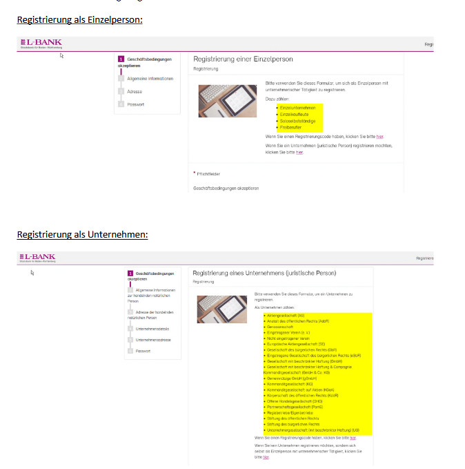 Screenshots der Registrierungsformulare für Unternehmen und für Einzelpersonen