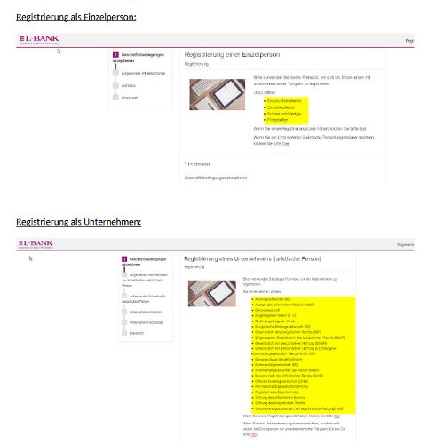 Screenshots der Registrierungsformulare für Unternehmen und für Einzelpersonen