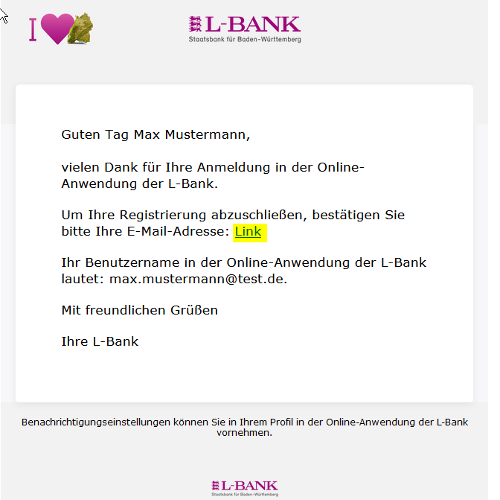 Screenshot der Mail mit dem Bestätigungslink der Registrierung im Förderportal