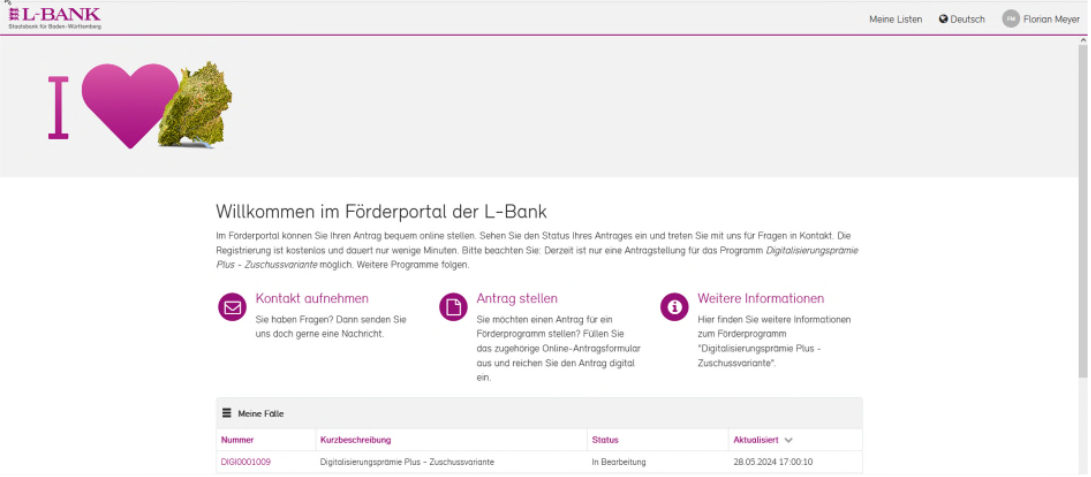 Screenshot der Startseite des Förderportals nach der Anmeldung