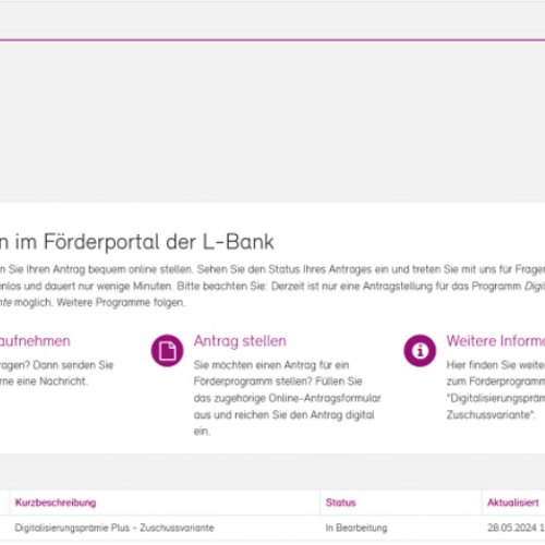 Screenshot der Startseite des Förderportals nach der Anmeldung