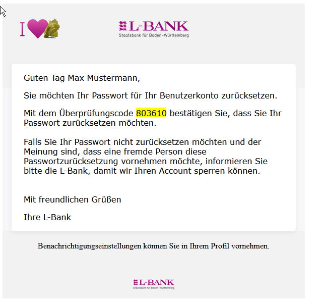 Screenshot der Mail mit dem Überprüfungscode zum Zurücksetzen des Passworts