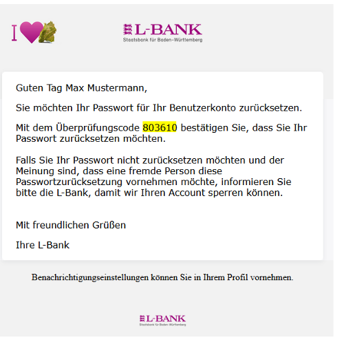 Screenshot der Mail mit dem Überprüfungscode zum Zurücksetzen des Passworts