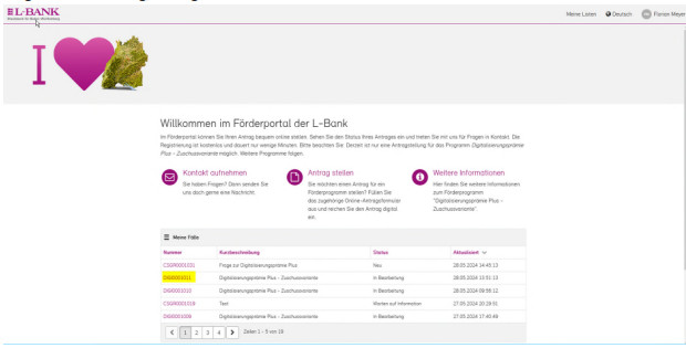 Screenshot der Übersicht der bereits gestellten Anträge und deren Status