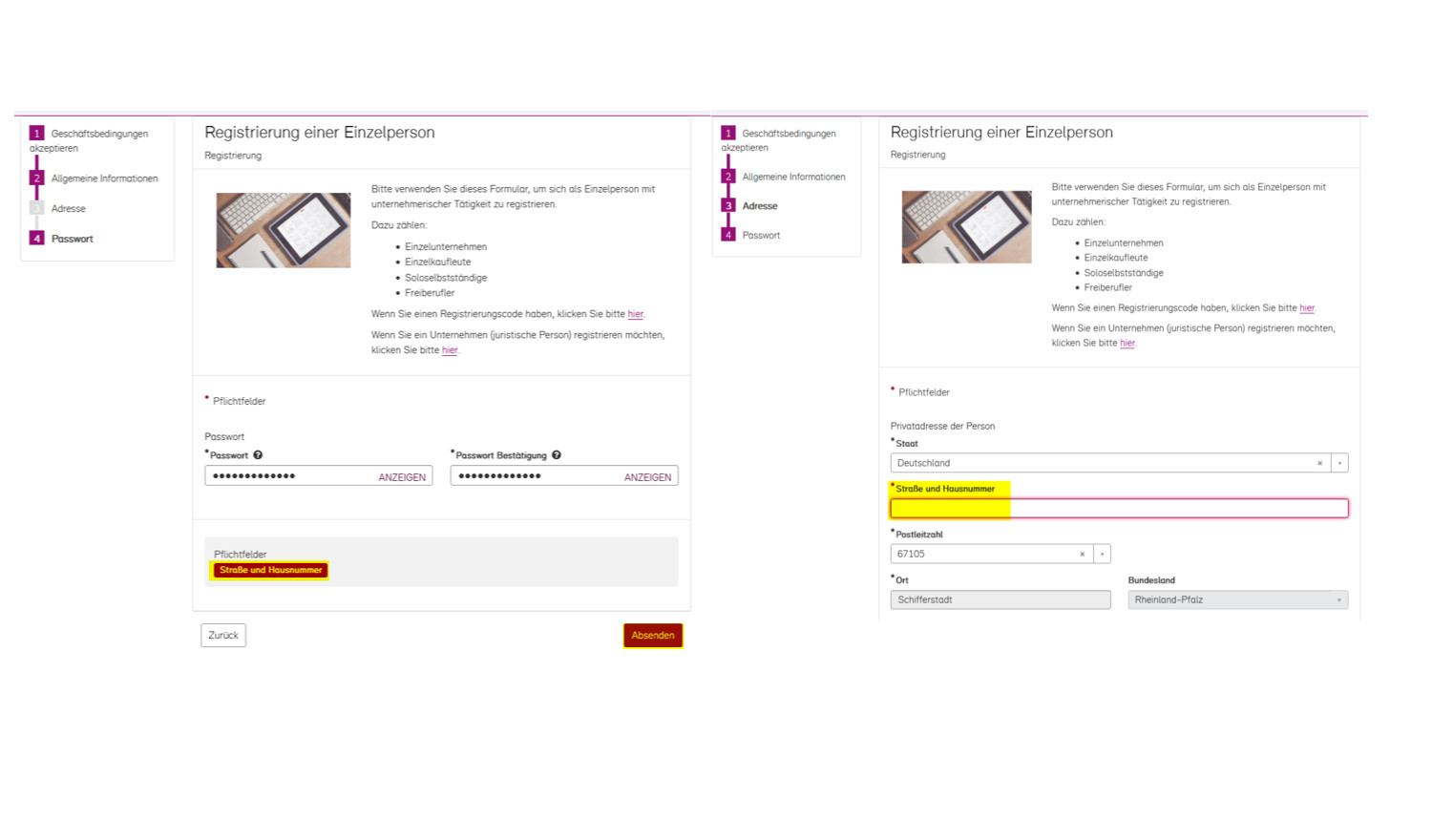 Screenshot des Registrierungsformulars, das Feld für Straße und Hausnummer ist rot hervorgehoben, weil nichts eingetragen wurde