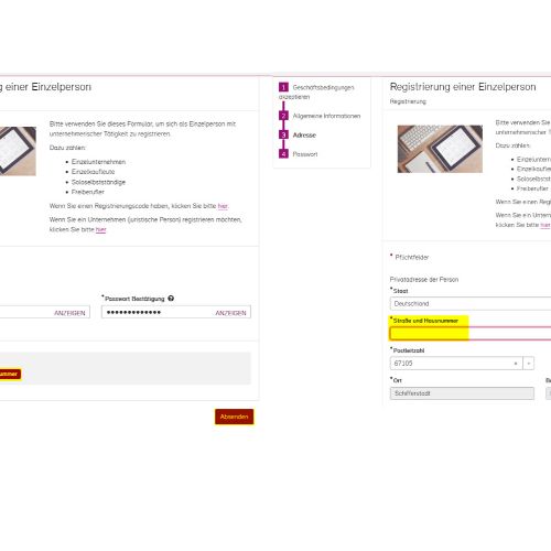 Screenshot des Registrierungsformulars, das Feld für Straße und Hausnummer ist rot hervorgehoben, weil nichts eingetragen wurde