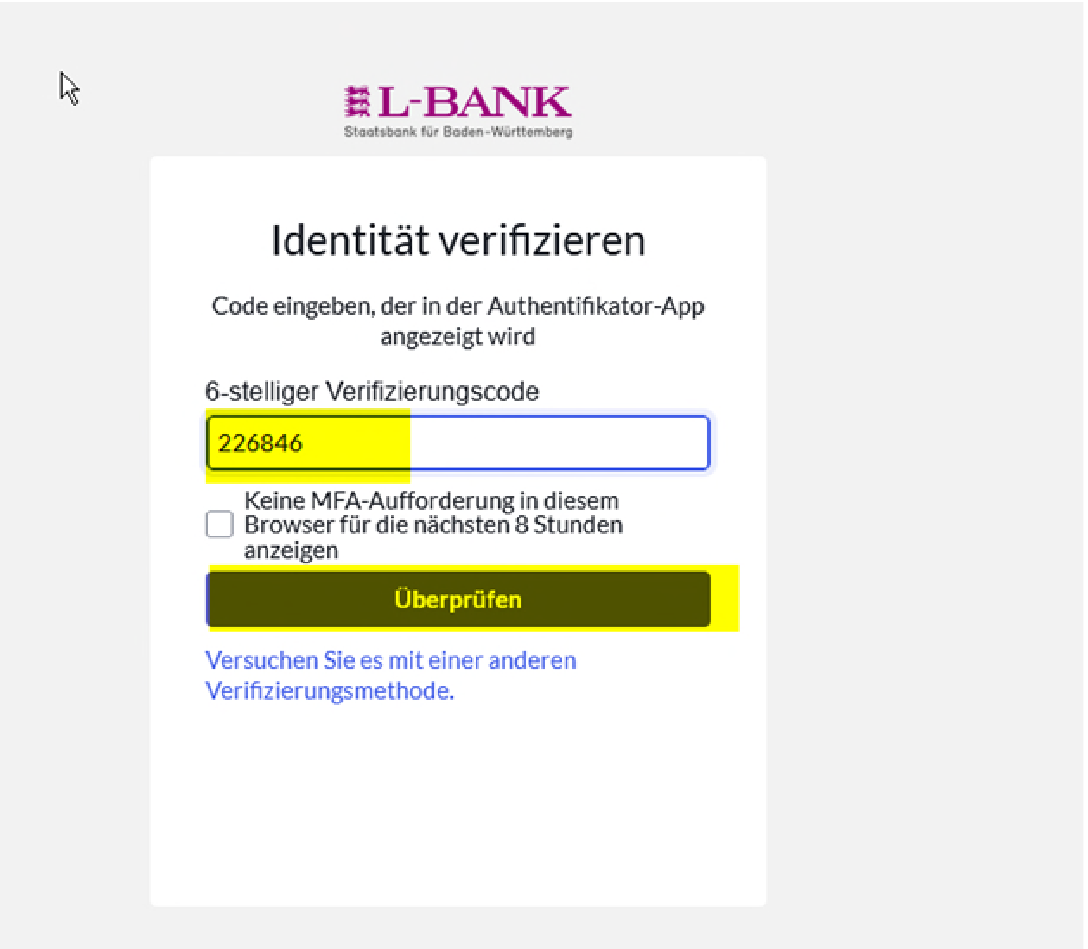 Screenshot der Seite zur Eingabe des Verifizierungscodes, die Felder zur Eingabe und zum Überprüfen sind gelb hervorgehoben