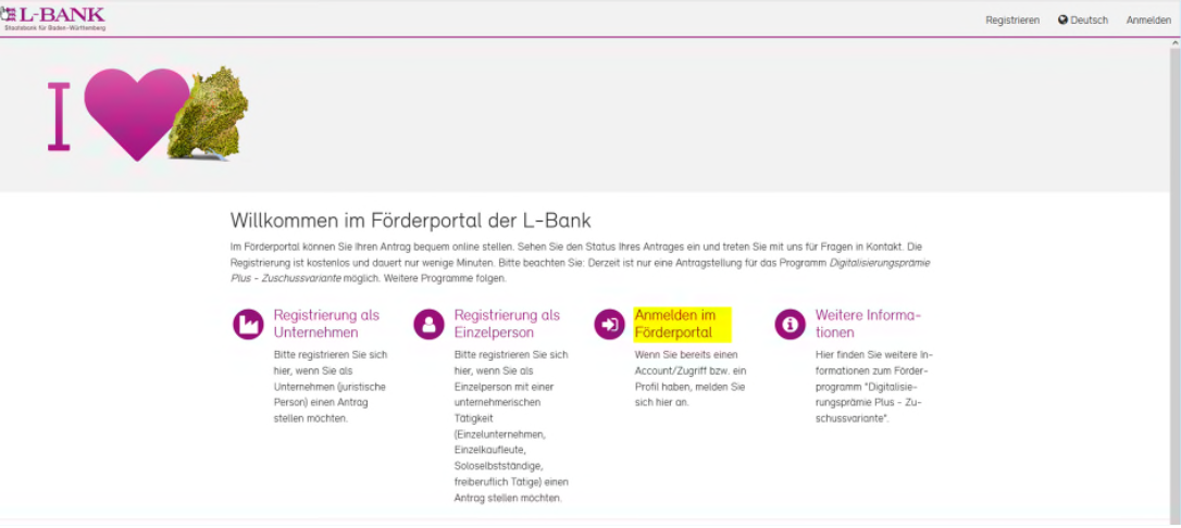 Screenshot derStartseite des Förderportals, der Button Anmelden im Förderportal ist gelb hervorgehoben