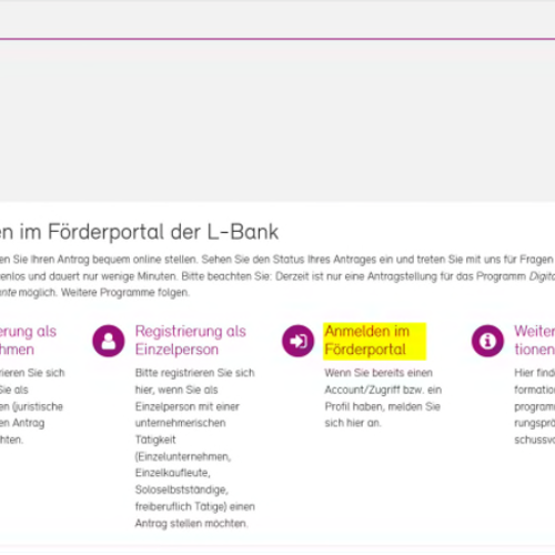 Screenshot derStartseite des Förderportals, der Button Anmelden im Förderportal ist gelb hervorgehoben