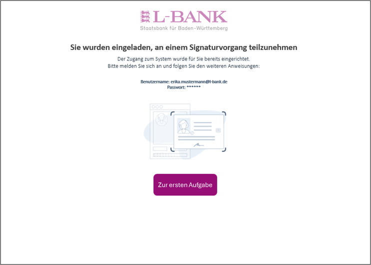 Screenshot der Einladung, an einem Siganaturvorgang teilzunehmen. Ein Button mit der Aufschrift Zur ersten Aufgabe ist farblich hervorgehoben.
