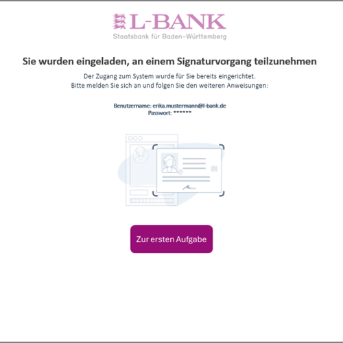 Screenshot der Einladung, an einem Siganaturvorgang teilzunehmen. Ein Button mit der Aufschrift Zur ersten Aufgabe ist farblich hervorgehoben.
