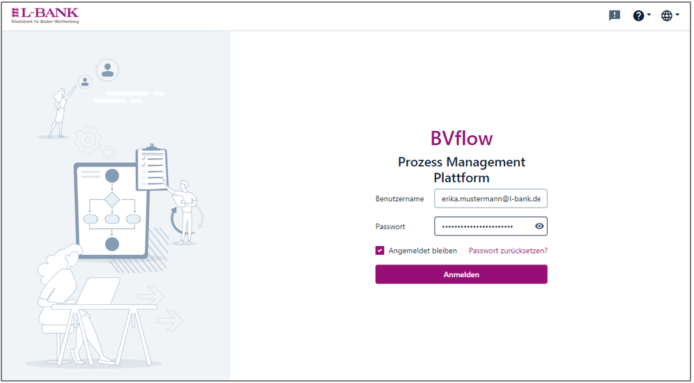 Screenshot der Anmeldemaske zum BVflow-Portal mit Eingabefeldern für Benutzername (E-Mail-Adresse) und Passwort. Die Option angemeldet zu bleiben ist ausgewählt, Darunter befindet sich ein Button mit der Aufschrift Anmelden.