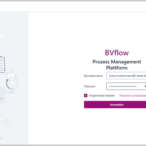 Screenshot der Anmeldemaske zum BVflow-Portal mit Eingabefeldern für Benutzername (E-Mail-Adresse) und Passwort. Die Option angemeldet zu bleiben ist ausgewählt, Darunter befindet sich ein Button mit der Aufschrift Anmelden.