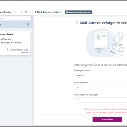 Screenshot der Bestätigungsseite, dass die E-Mail-Adresse verifiziert wurde. Auf der rechten Seite muss ein neues Passwort vergeben werden.
