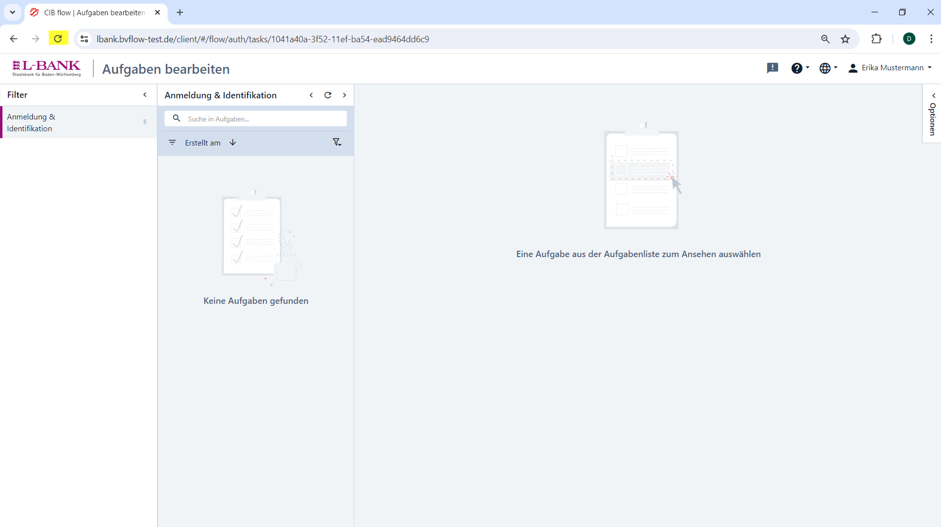 Screenshot der Seite ohne offene Aufgaben, nachdem ein neues Passwort vergeben wurde