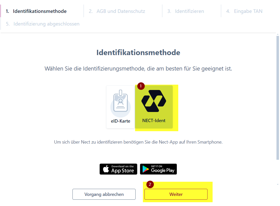 Screenshot der Auswahlmöglichkeit der Identifikationsmethode, auf der die NECT-Ident-Option und der Weiter-Knopf rechts unten gelb hervorgehoben sind