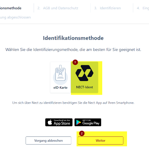 Screenshot der Auswahlmöglichkeit der Identifikationsmethode, auf der die NECT-Ident-Option und der Weiter-Knopf rechts unten gelb hervorgehoben sind