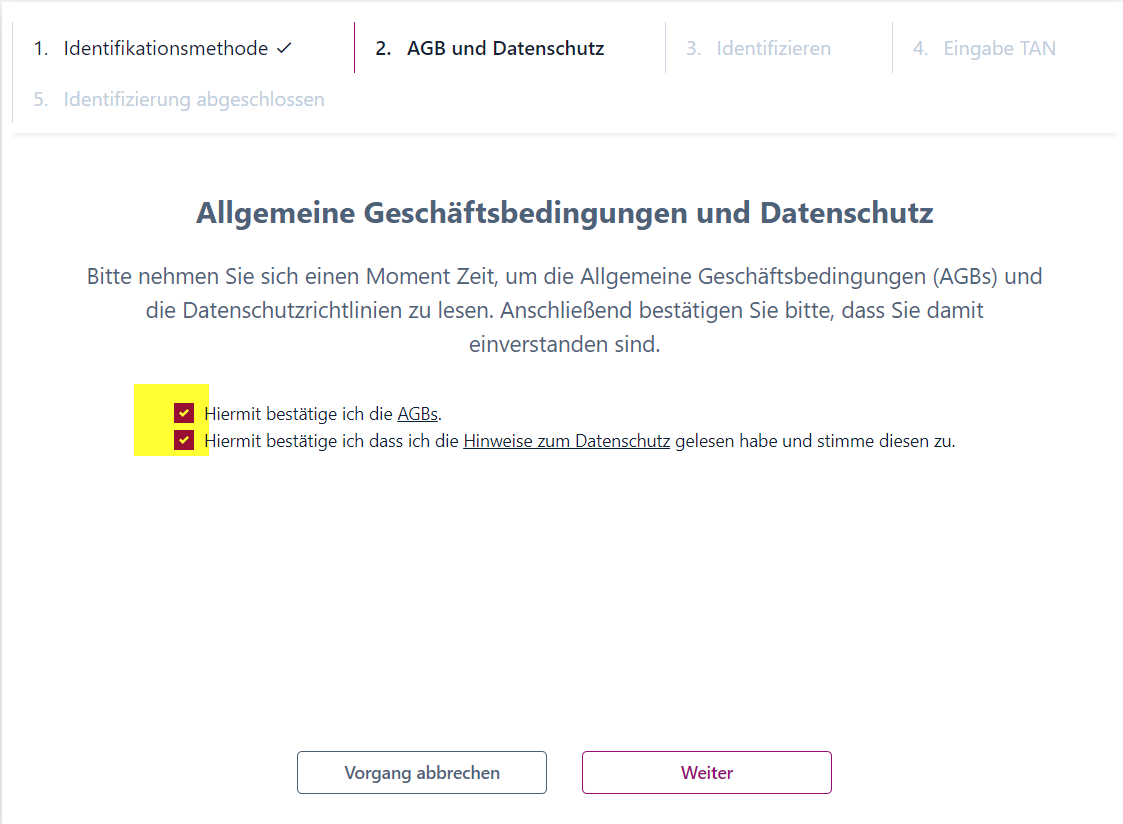 Screenshot der Seite mit den allgemeinen Geschäftsbedingungen und Datenschutz. Die Haken zur Bestätigung sind gelb hervorgehoben.
