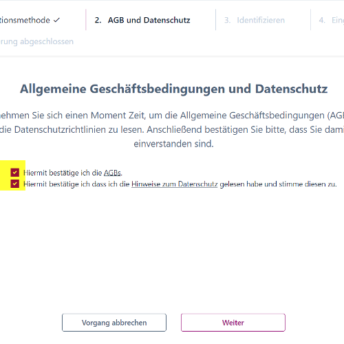 Screenshot der Seite mit den allgemeinen Geschäftsbedingungen und Datenschutz. Die Haken zur Bestätigung sind gelb hervorgehoben.