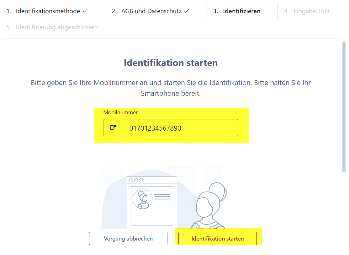Screenshot der Anzeige zum Start der Identifikation. Das mittige Feld mit der Handynummer sowie der Identifikation starten-Button unten rechts sind farblich hervorgehoben.