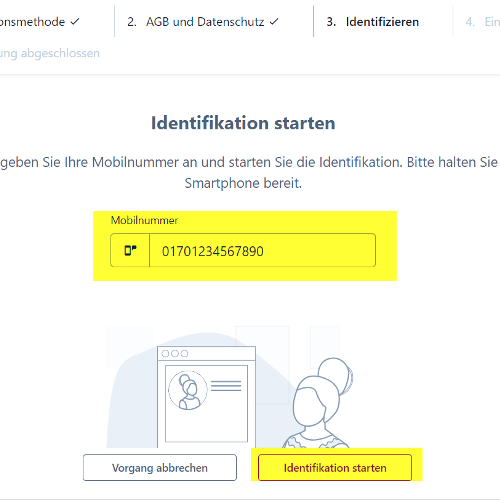 Screenshot der Anzeige zum Start der Identifikation. Das mittige Feld mit der Handynummer sowie der Identifikation starten-Button unten rechts sind farblich hervorgehoben.