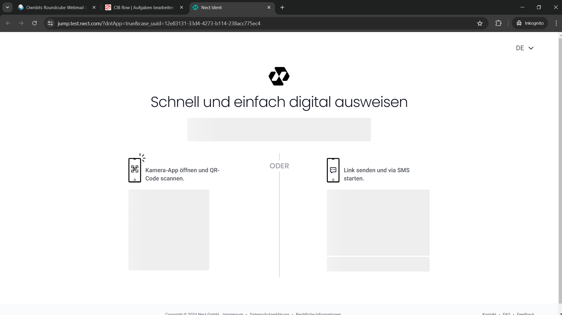 Screenshot der NECT-Seite zur Identifikation. Zur Verfügung stehen die Optionen, entweder einen QR-Code zu scannen oder einen Link per SMS zu erhalten.