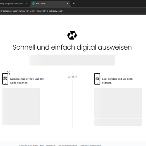 Screenshot der NECT-Seite zur Identifikation. Zur Verfügung stehen die Optionen, entweder einen QR-Code zu scannen oder einen Link per SMS zu erhalten.