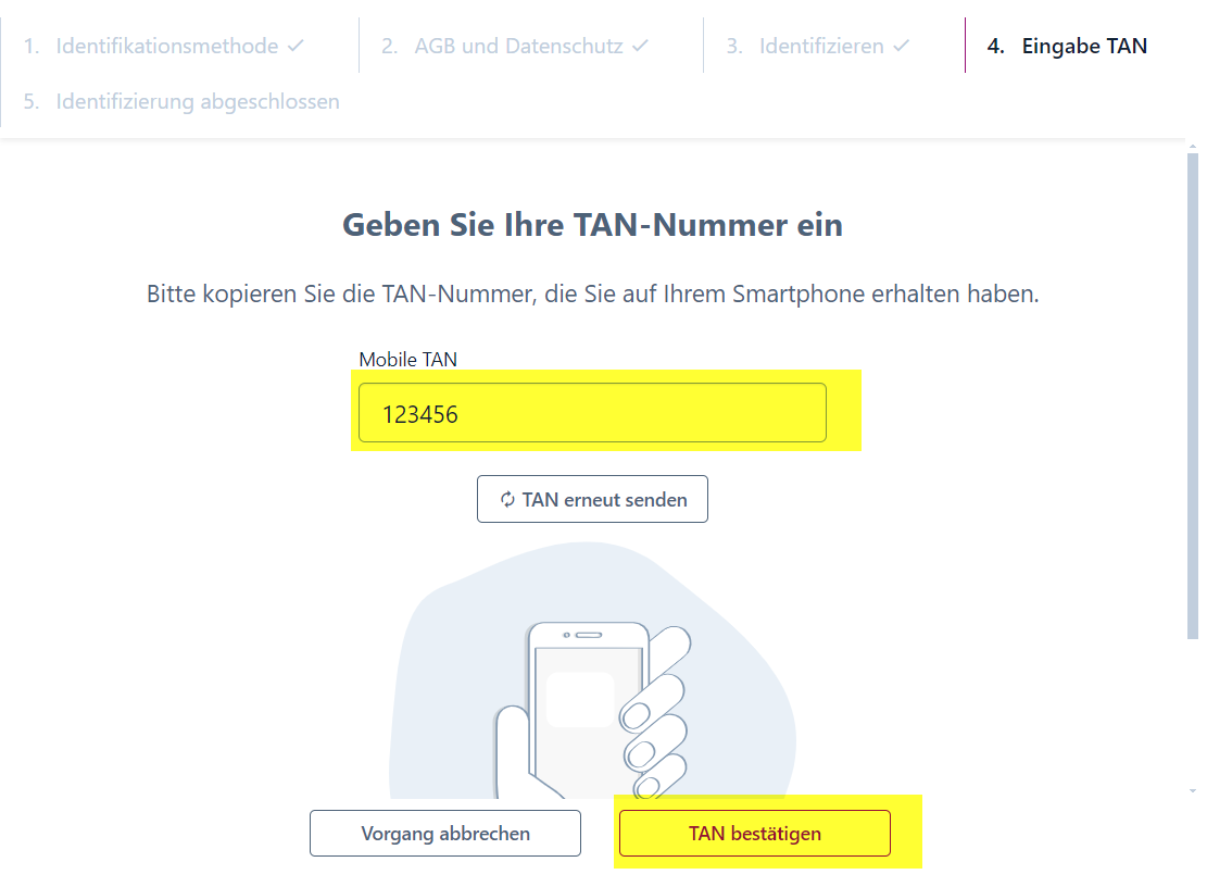 Screenshot der Seite zur TAN-Eingabe. Das mittige Feld zur TAN-Eingabe und der TAN bestätigen-Button unten rechts sind gelb hervorgehoben.