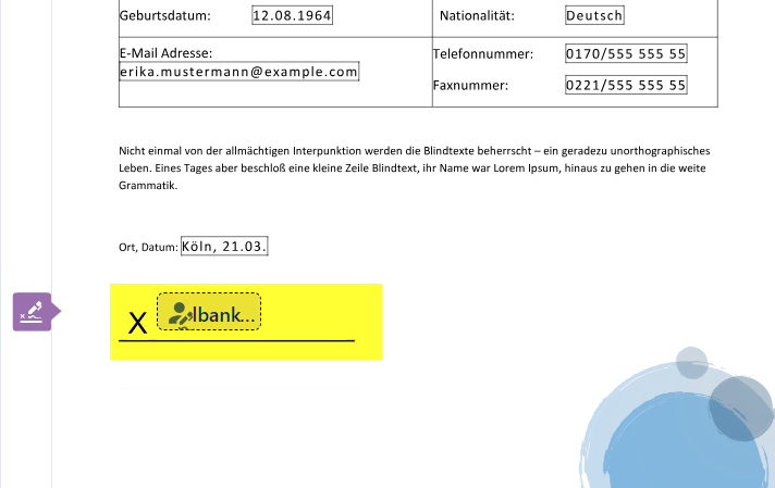 Screenshot eines Beispieldokuments, auf dem das Signaturfeld gelb hervorgehoben ist