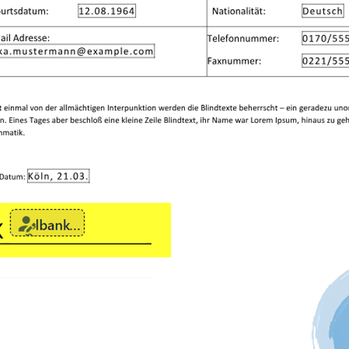 Screenshot eines Beispieldokuments, auf dem das Signaturfeld gelb hervorgehoben ist