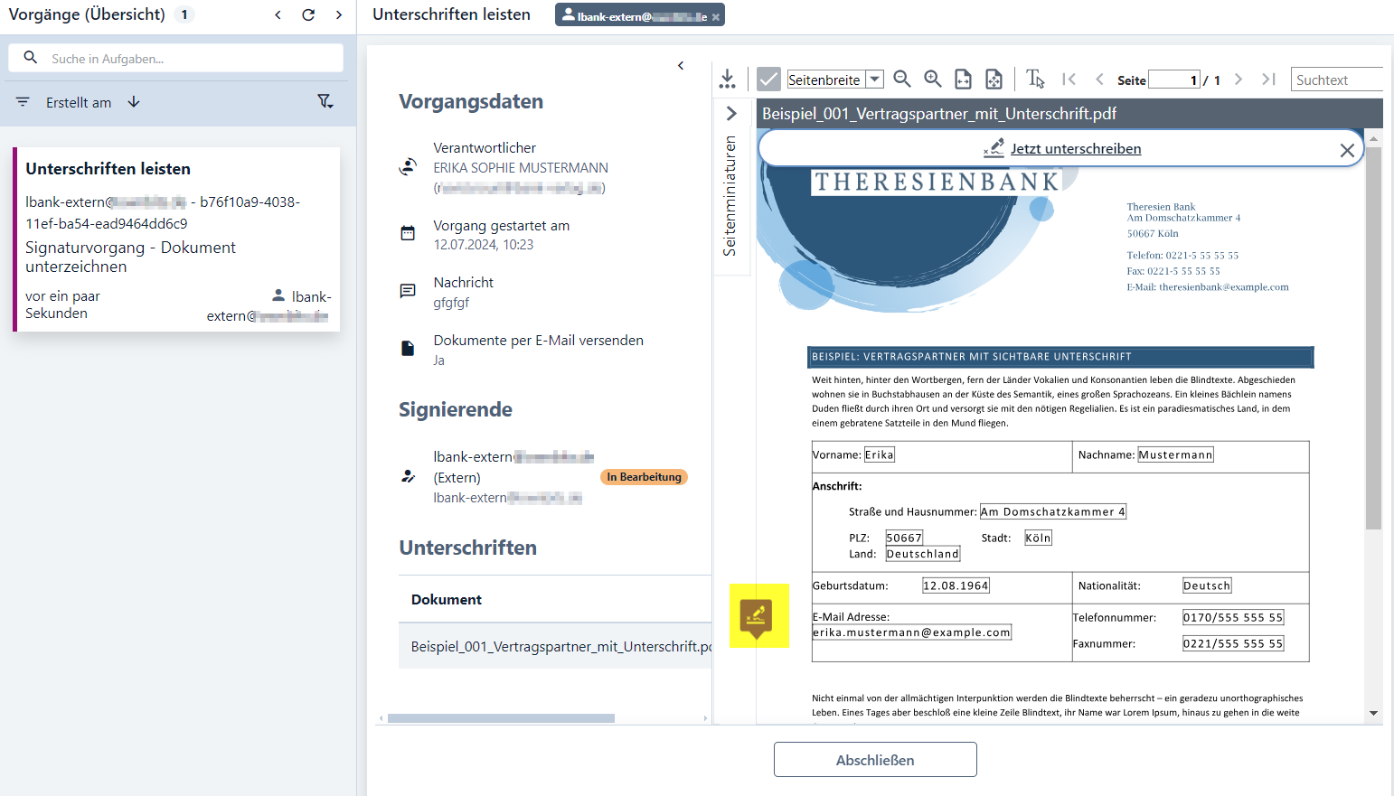 Screenshot der Übersicht der laufenden Vorgänge. Im geöffneten Vorgang ist unten rechts bei Unterschriften ein Icon gelb markiert.