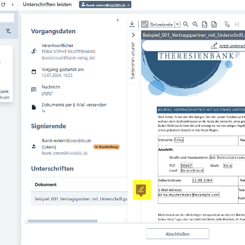 Screenshot der Übersicht der laufenden Vorgänge. Im geöffneten Vorgang ist unten rechts bei Unterschriften ein Icon gelb markiert.