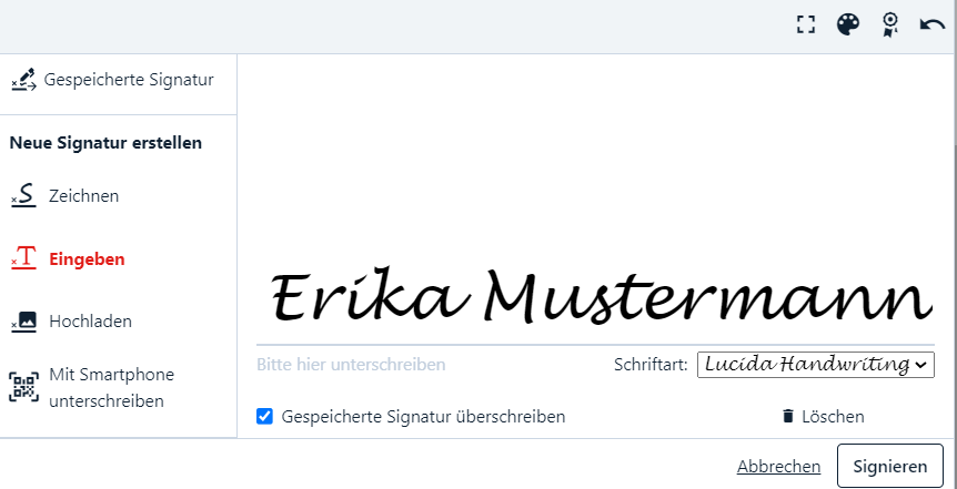 Screenshot der Auswahl der gewünschten Signaturdarstellung