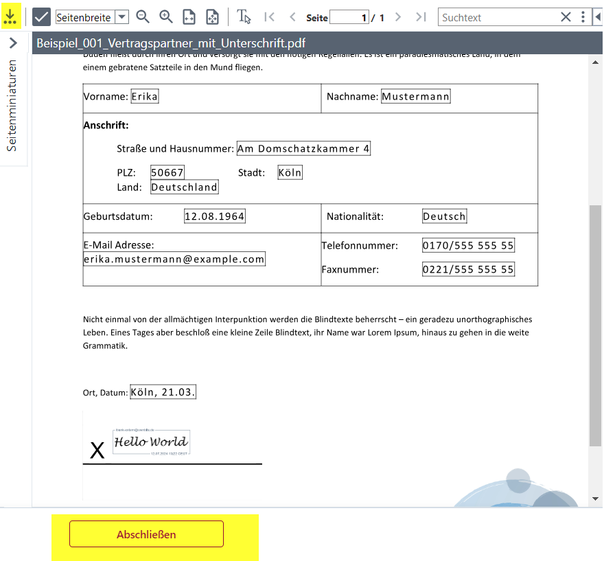 Screenshot des unterzeichneten Beispieldokuments. In der oberen linken Ecke ist die Download-Schaltfläche gelb markiert. Unten ist der Abschließen-Button gelb hervorgehoben.