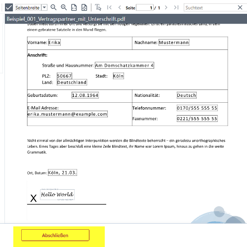 Screenshot des unterzeichneten Beispieldokuments. In der oberen linken Ecke ist die Download-Schaltfläche gelb markiert. Unten ist der Abschließen-Button gelb hervorgehoben.