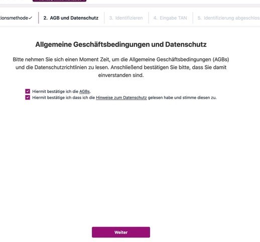 Screenshot der Website zu AGB und Datenschutz. Zwei Kästchen zur Bestätigung der AGB und der Datenschutzhinweise sind mit einem Haken markiert, unten auf der Seite befindet sich ein Button mit der Aufschrift Weiter.