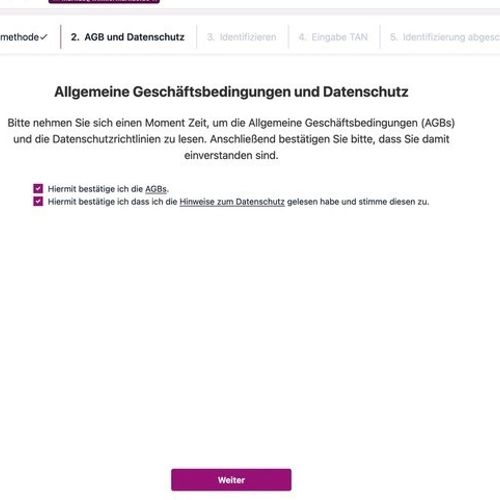Screenshot der Website zu AGB und Datenschutz. Zwei Kästchen zur Bestätigung der AGB und der Datenschutzhinweise sind mit einem Haken markiert, unten auf der Seite befindet sich ein Button mit der Aufschrift Weiter.