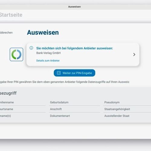 Screenshot der Seite der AusweisApp zur Identifikation. Zu sehen sind ein Button mit der Aufschrift Weiter zur PIN-Abgabe, dem anfragenden Anbieter (der Bank-Verlag GmbH) und die erforderlichen Daten zur Identifikation.