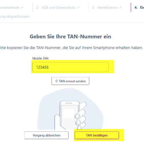 Screenshot der TAN-Eingabe. In der Mitte befindet sich ein Feld zur Eingabe der TAN, darunter ein Button mit der Aufschrift TAN erneut senden. Am unteren Ende der Seite stehen auf der linken Seite ein Vorgang abbrechen-Button und auf der rechten Seite ein TAN bestätigen-Button zur Verfügung