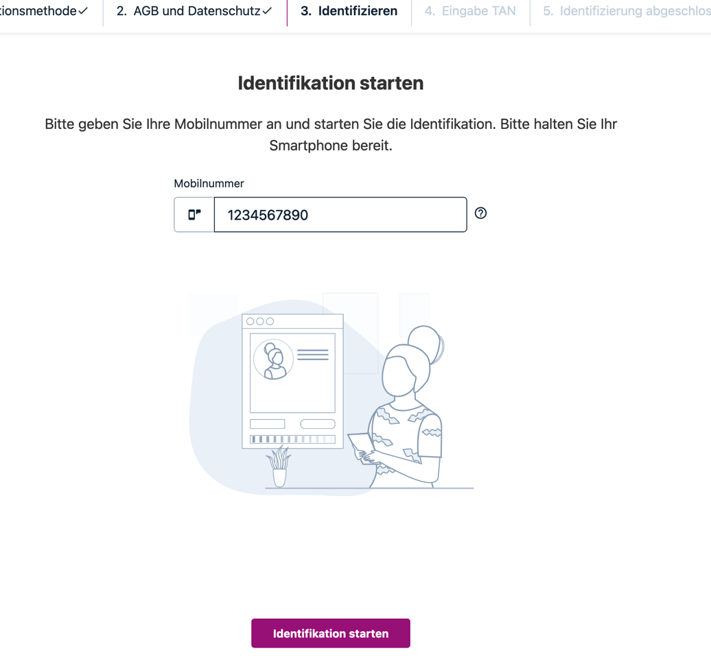 Screenshot zum Beginn der Identifikation. Mittig befindet sich ein Feld zur Eingabe der Handynummer, unten ein Button mit der Aufschrift Identifikation starten.