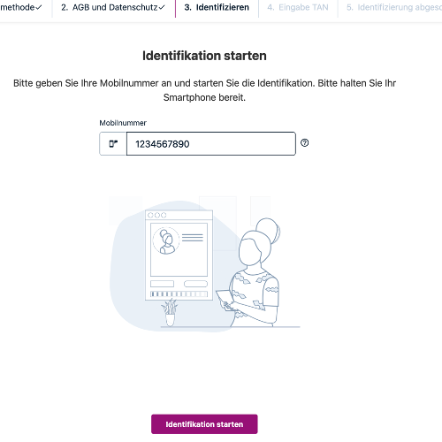 Screenshot zum Beginn der Identifikation. Mittig befindet sich ein Feld zur Eingabe der Handynummer, unten ein Button mit der Aufschrift Identifikation starten.